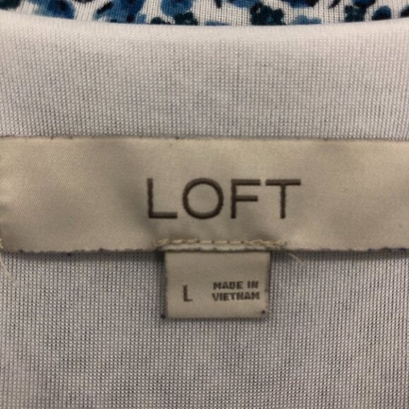 LOFT Light blue white dotted side gather short sleeve rayon midi sheath dress L - Picture 3 of 14